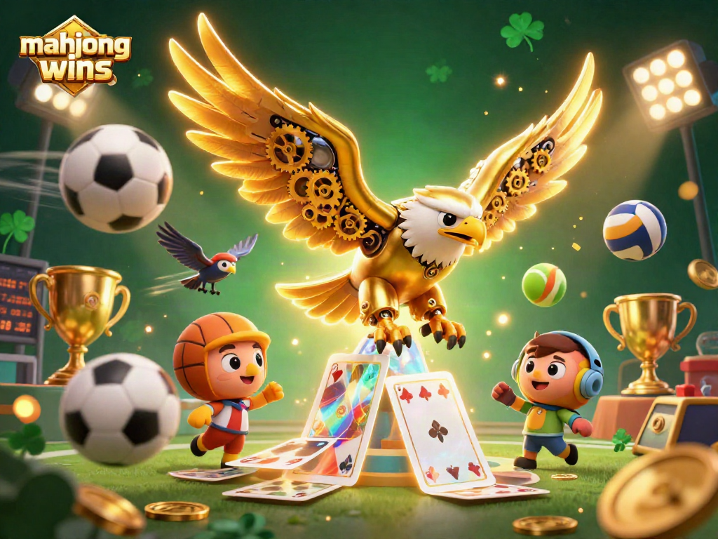 Experience thrilling mahjong wins with a dynamic scene of gambling excitement featuring cartoon eagle and sports elements.