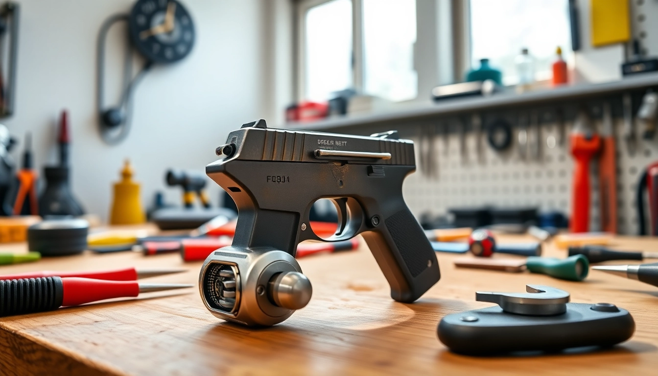 Demonstrating a forced reset trigger on a workshop bench amid professional tools and gadgets.