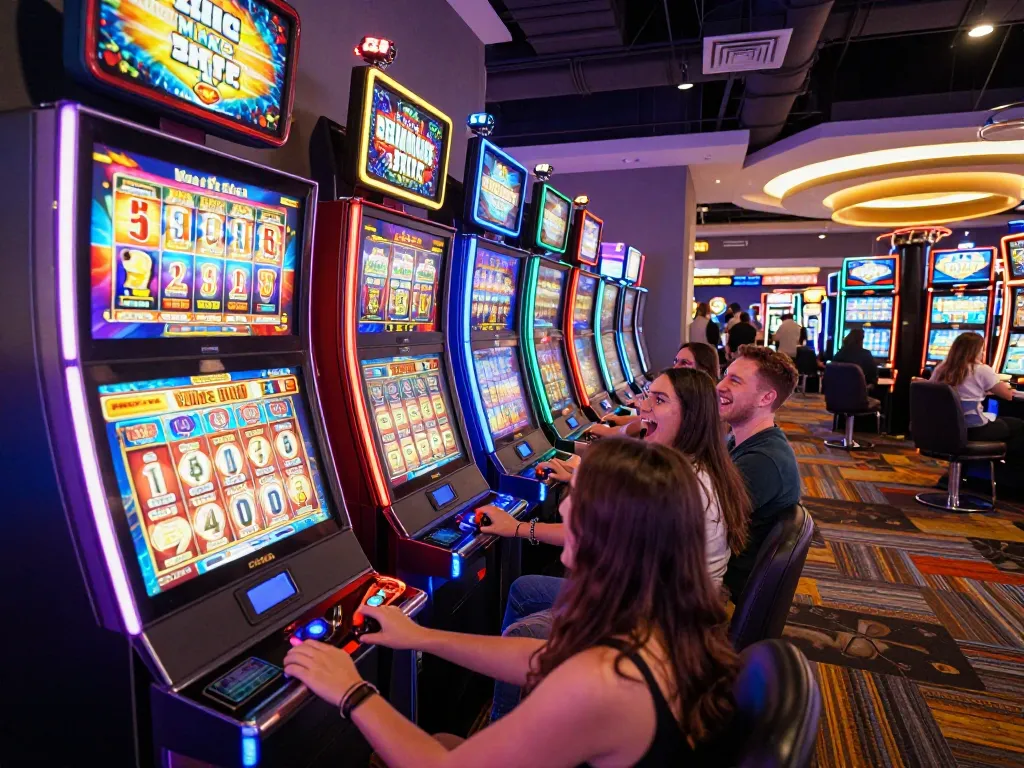 Players enjoy slot gacor games at a vibrant casino, hoping for big wins amidst neon lights.