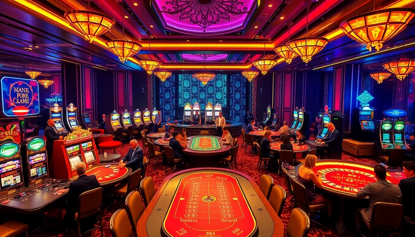 Engaging gamblers at a vibrant casino from https://urr88.com/, featuring gaming tables and glowing slot machines.