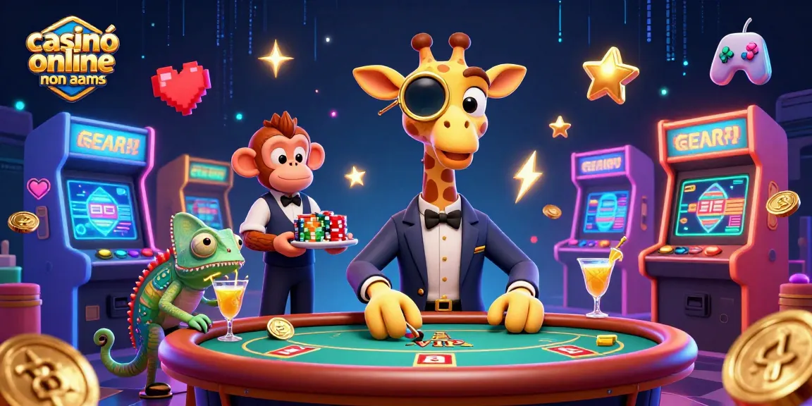 Giocare nei casinò online non AAMS con un giraffe high-roller e un camaleonte barista mentre si mescolano cocktail dorati.