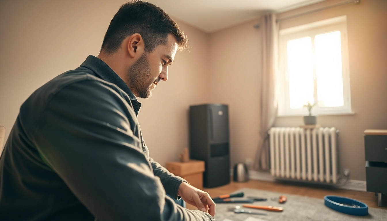 Heating repair waccabuc technician performing maintenance in a cozy home setting.