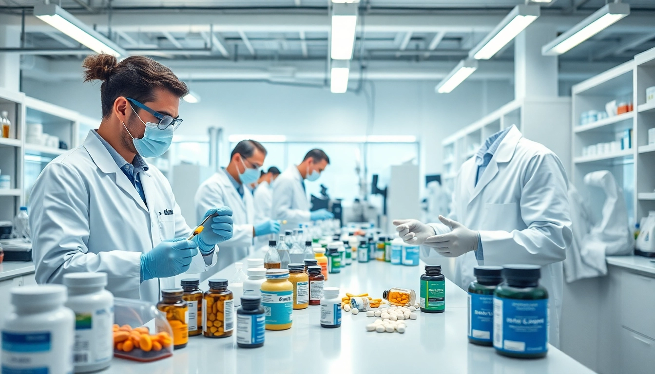 Supplement manufacturers analyzing ingredients in a clean laboratory setting.