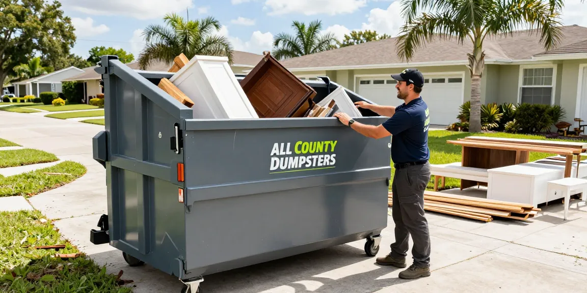 Dumpster Rental in Fort Myers FL service with professional staff unloading a roll-off dumpster at a residential site.