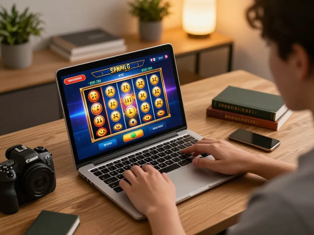 Play at 8kbetbh's online slots interface showcasing vibrant reels in a cozy home office.