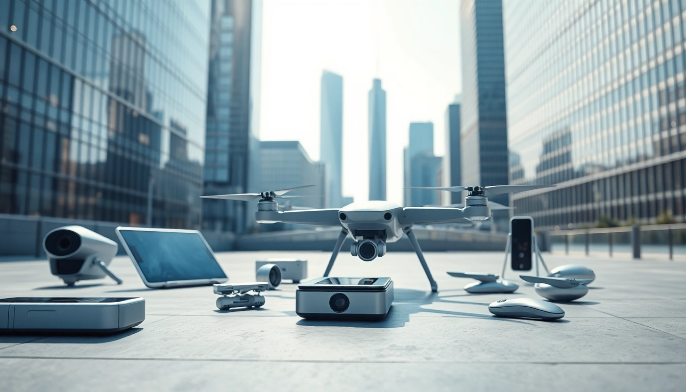 Showcase Technology innovations with sleek devices and a modern urban skyline backdrop.