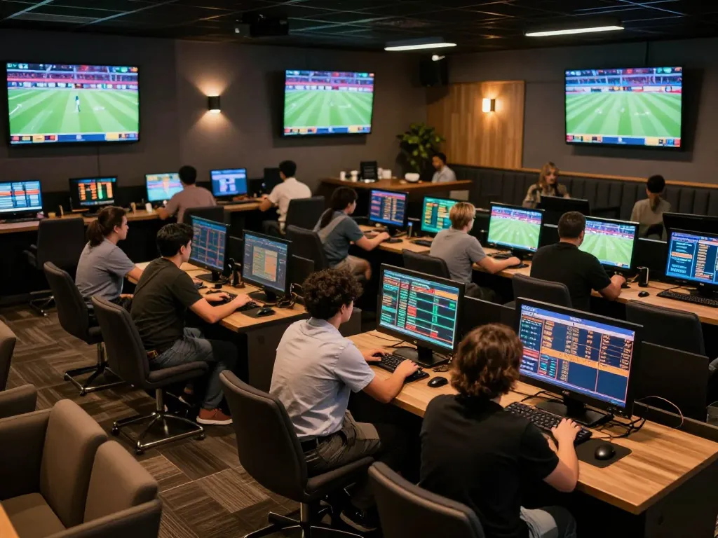 Customers placing bets on sports at FB88 lounge, vibrant atmosphere and multiple screens.
