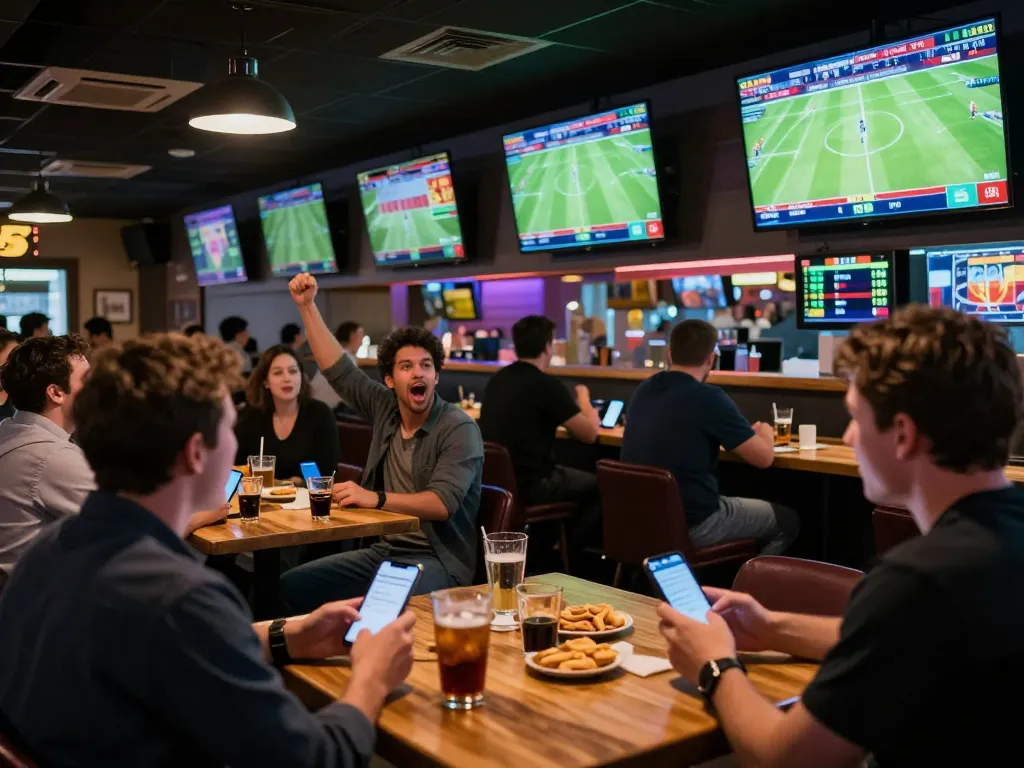 Experience the excitement of Cakhia football betting as fans cheer and place wagers in a lively sports bar.