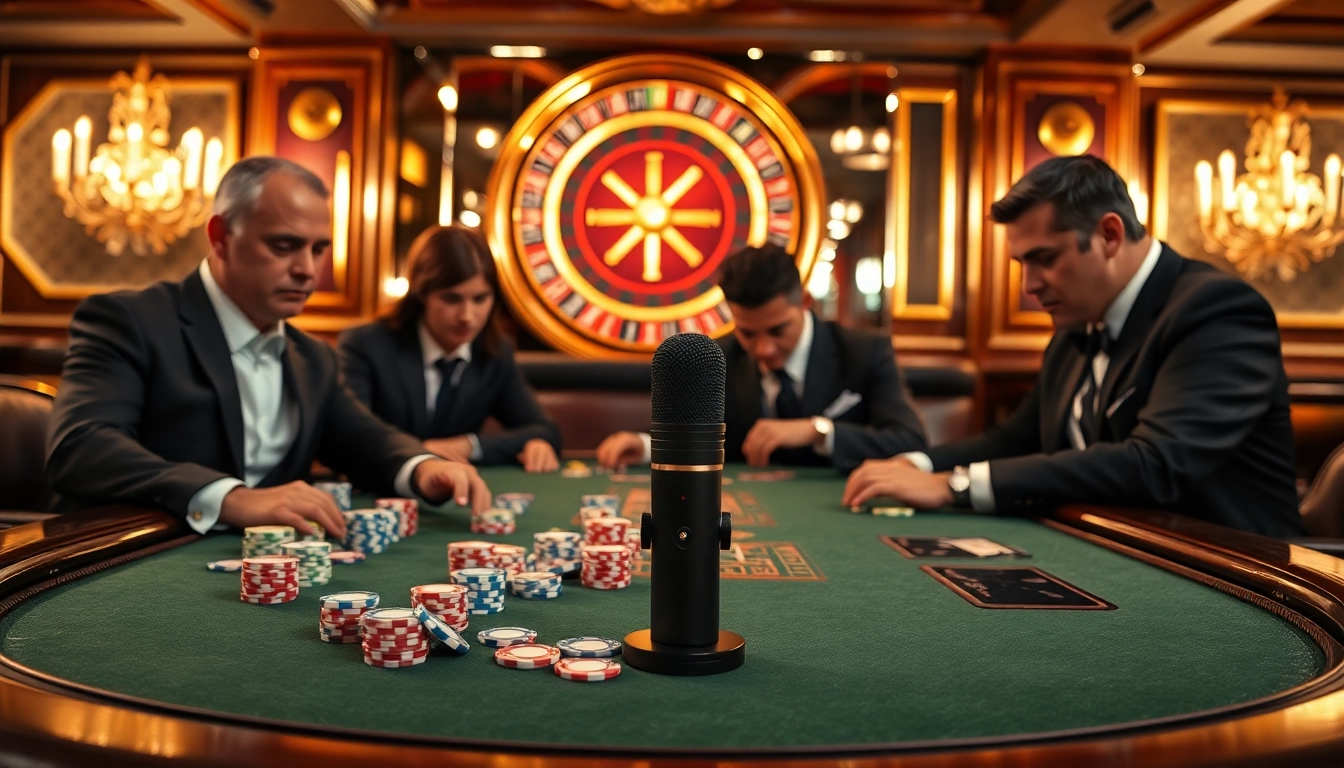Exciting casino action featuring a poker table, colorful chips, and a Shure MV88 microphone capturing the atmosphere.