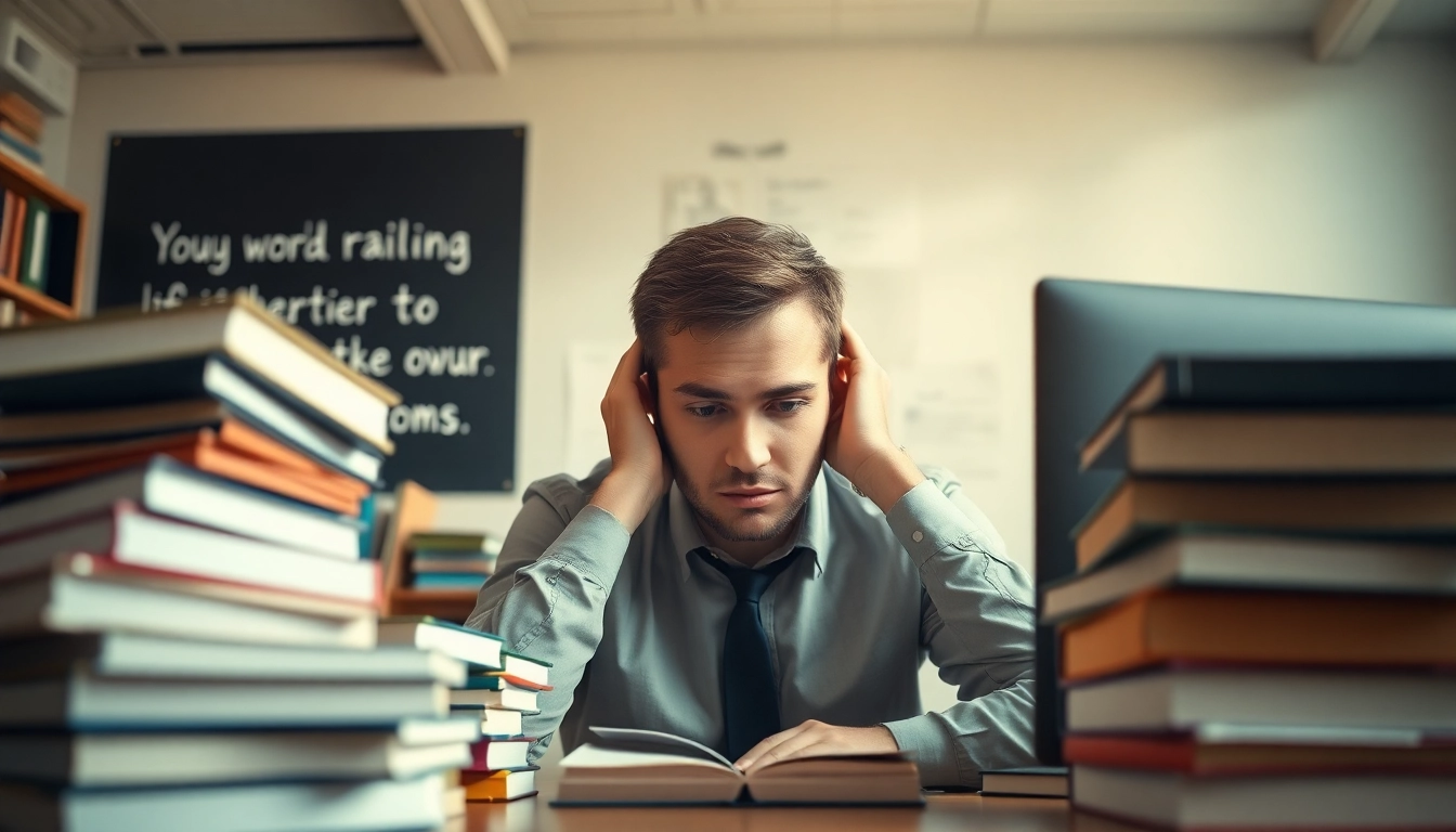 Motivated student considering to pay someone to take gre for me, surrounded by books in a study.