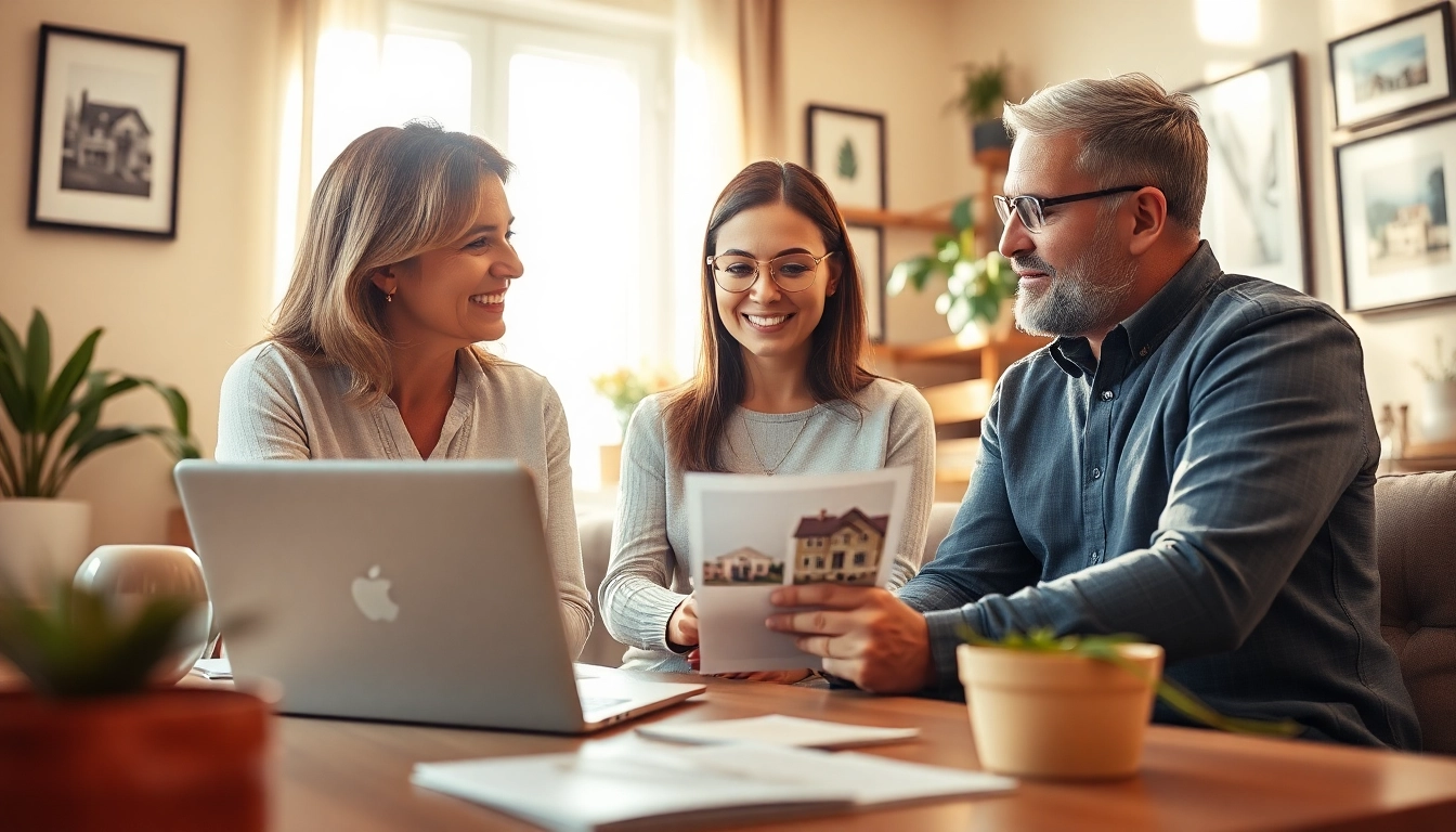 Real Estate agent consulting with clients in a cozy office, showcasing properties.