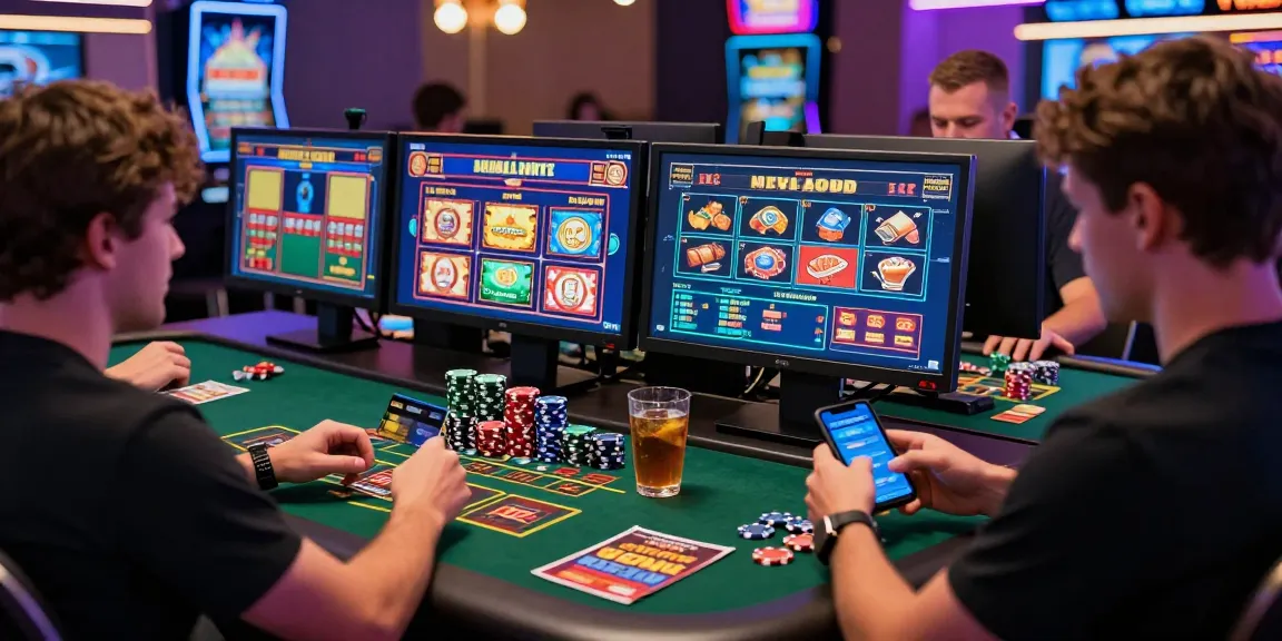 Players engaging at credit card casinos with vibrant screens and colorful chips, highlighting online gaming excitement.