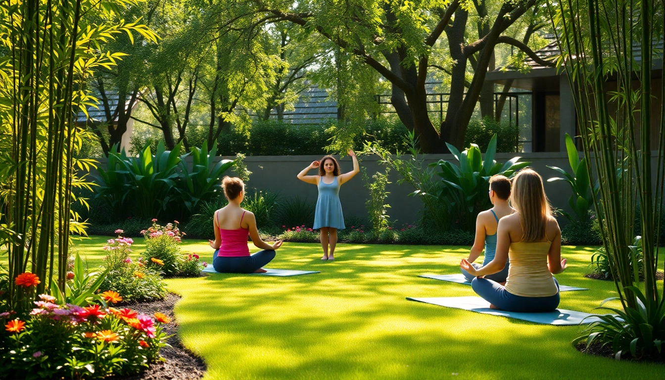 Experience a blissful wellness retreat in a tranquil garden setting with yoga practitioners.