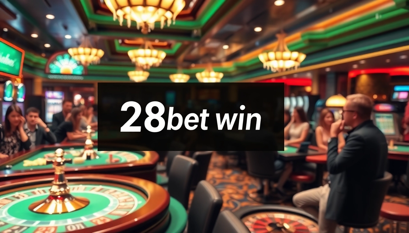 Experience the thrill of 28bet win at a vibrant casino with players enjoying games.