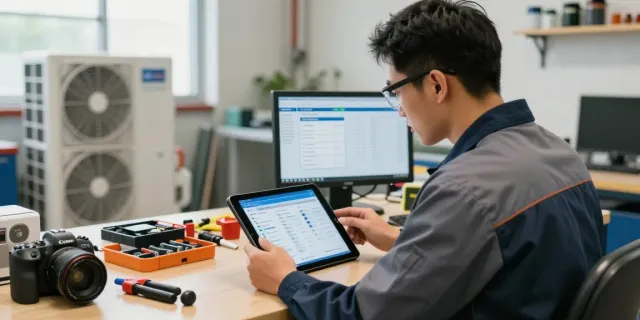 Technician using HVAC Business Software on a tablet in a professional workshop environment with HVAC systems and tools.