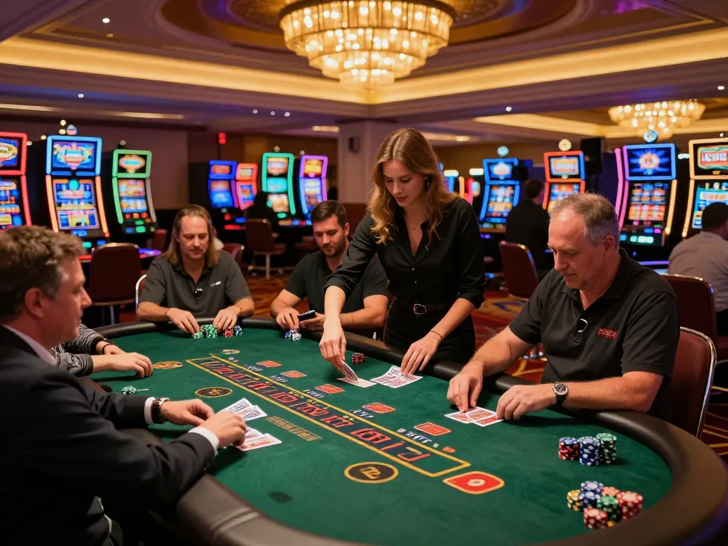 Action-packed scene of players placing bets around blackjack tables showcasing top quality widgets in vibrant Las Vegas casino