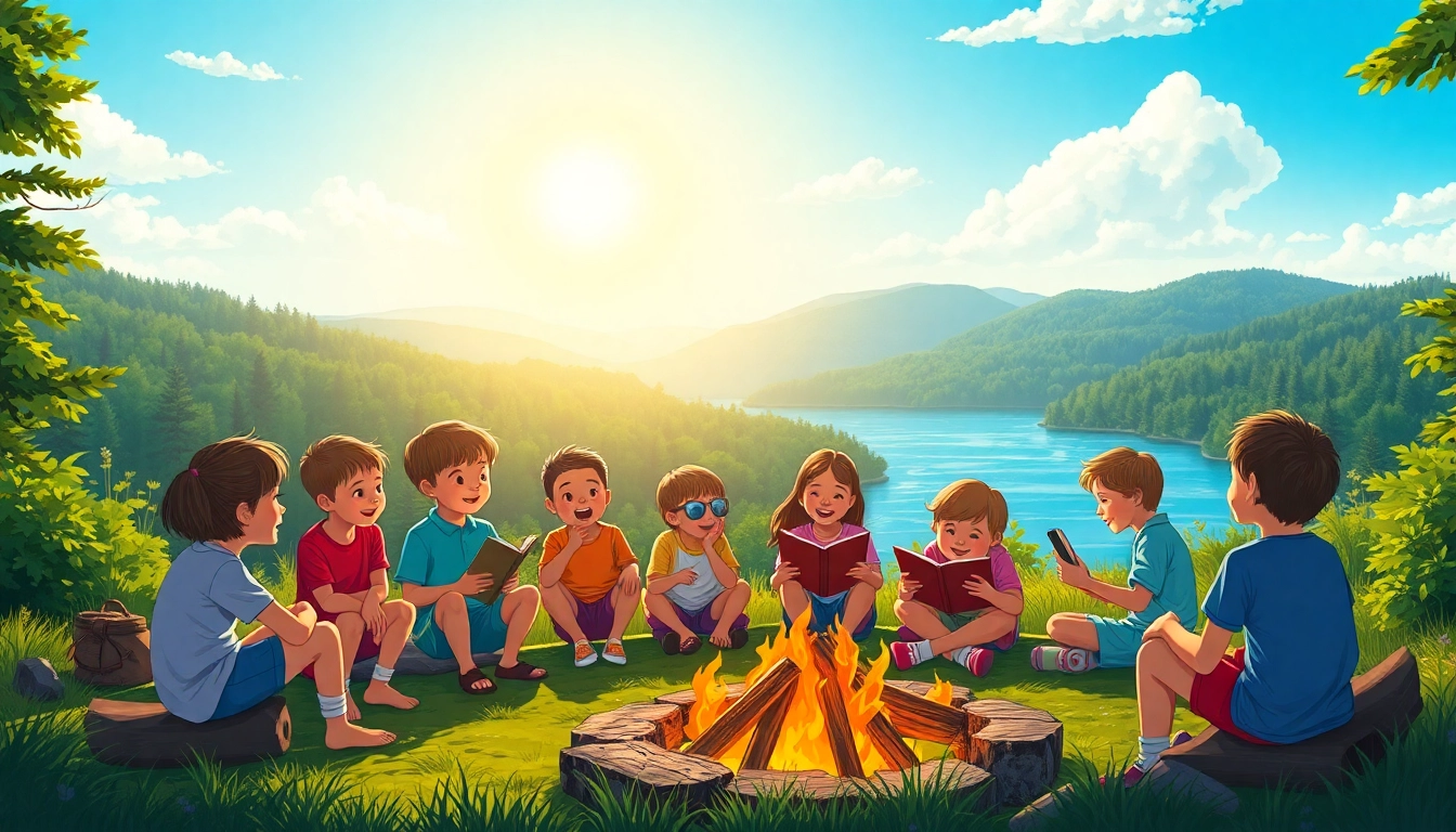 Kids sharing stories around a campfire at residential summer camps in a joyful outdoor setting.