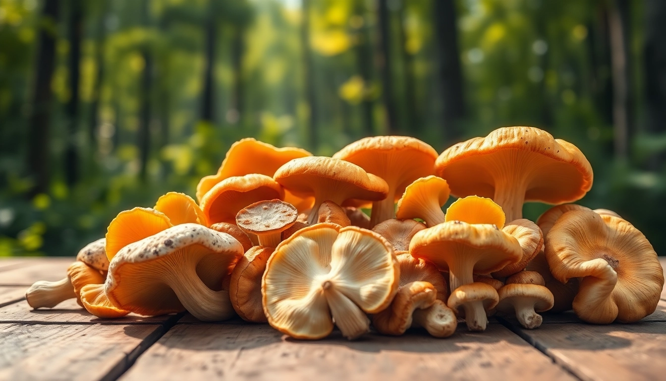 Buy mushrooms online Canada with a vibrant display of various mushrooms on a rustic table.