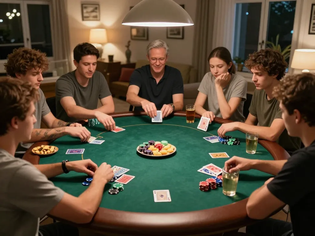 Engaging poker night scene showing a group playing strategically with giường bệnh nhân chips on a round table.