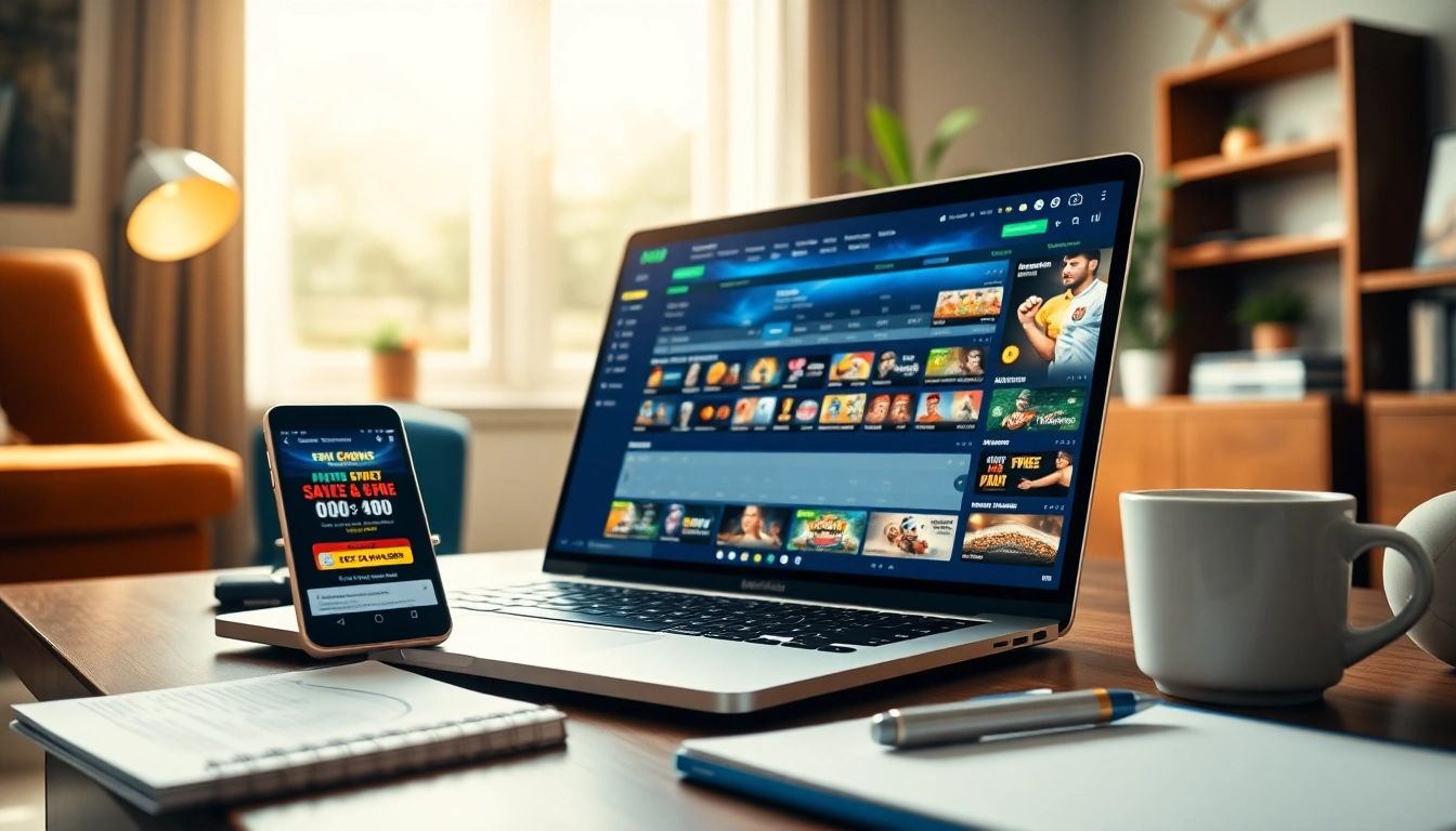 Interactive betting platform showcasing sports and casino options at https://f8betink.io/ in a stylish home office setting.