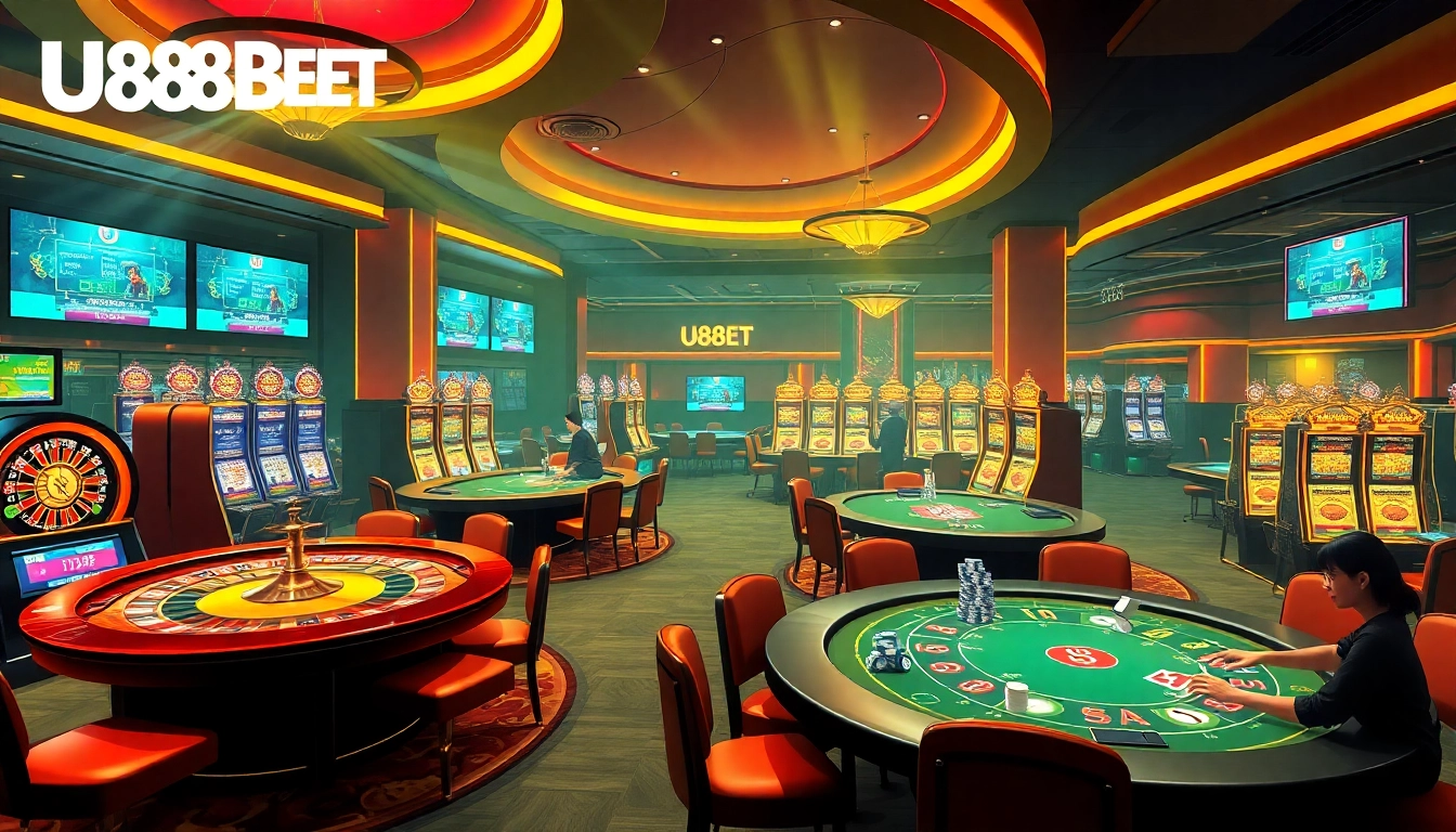 Engage with thrilling U888BET casino action featuring poker tables, roulette wheels, and vibrant slot machines.