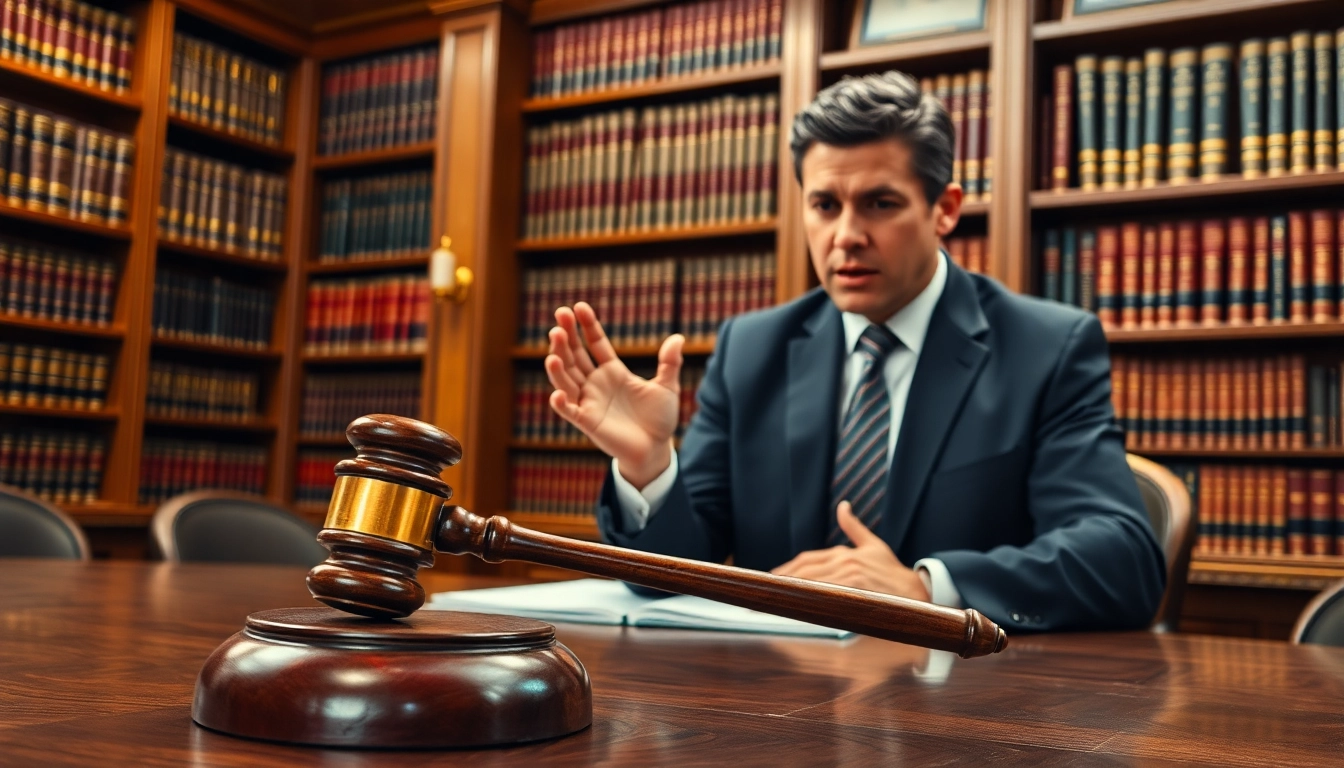 Stockton Accident Lawyer passionately arguing in a courtroom with legal texts in the background.