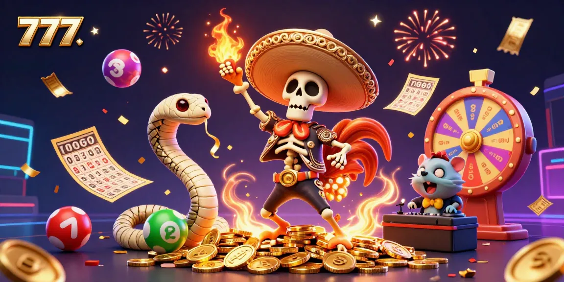 Experience thrilling moments with 777 as the vibrant mariachi rooster dances amidst gold coins and lottery magic.