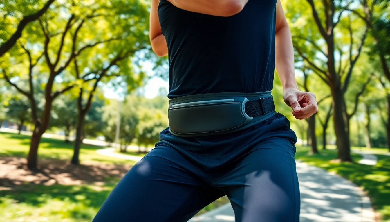 Active runner demonstrating the convenience of a running belt in a park.