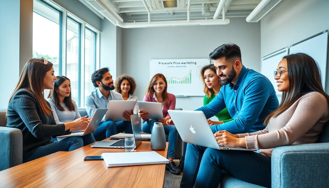Team collaborating on press release distribution strategies in a modern office.