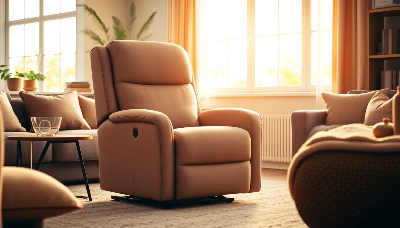 Comfortably reclined power lift chair with heat and massage in a cozy living room setting