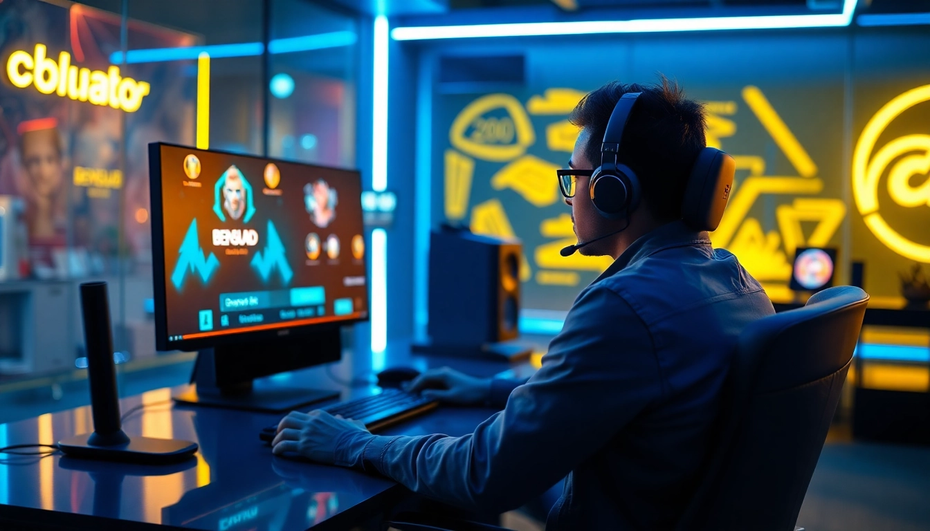 Masuk ke permainan bensu4d login game dengan gamer berfokus di lingkungan neon yang modern.