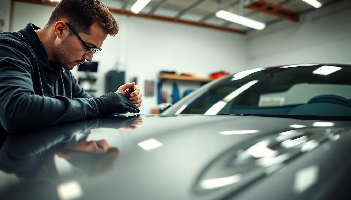 Certified PPF installer expertly applying paint protection film on a luxury sports car.