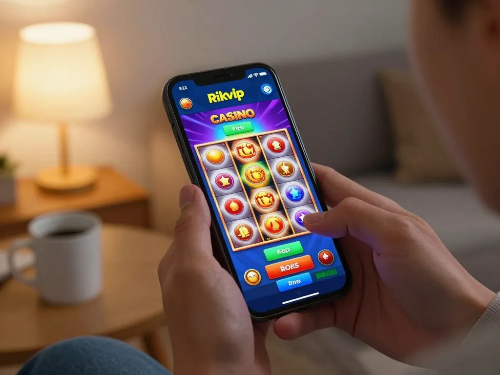 Player enjoying a Rikvip casino app experience on smartphone with exciting slot game displayed.
