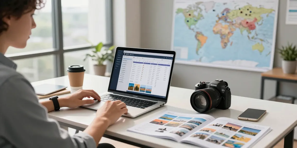 Itinerary builder on a laptop screen in a well-organized travel planning workspace.