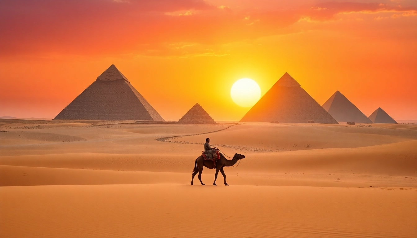 Discover breathtaking sunsets at the Pyramids of Giza, showcasing Egypt's rich history on https://emegypt.net.