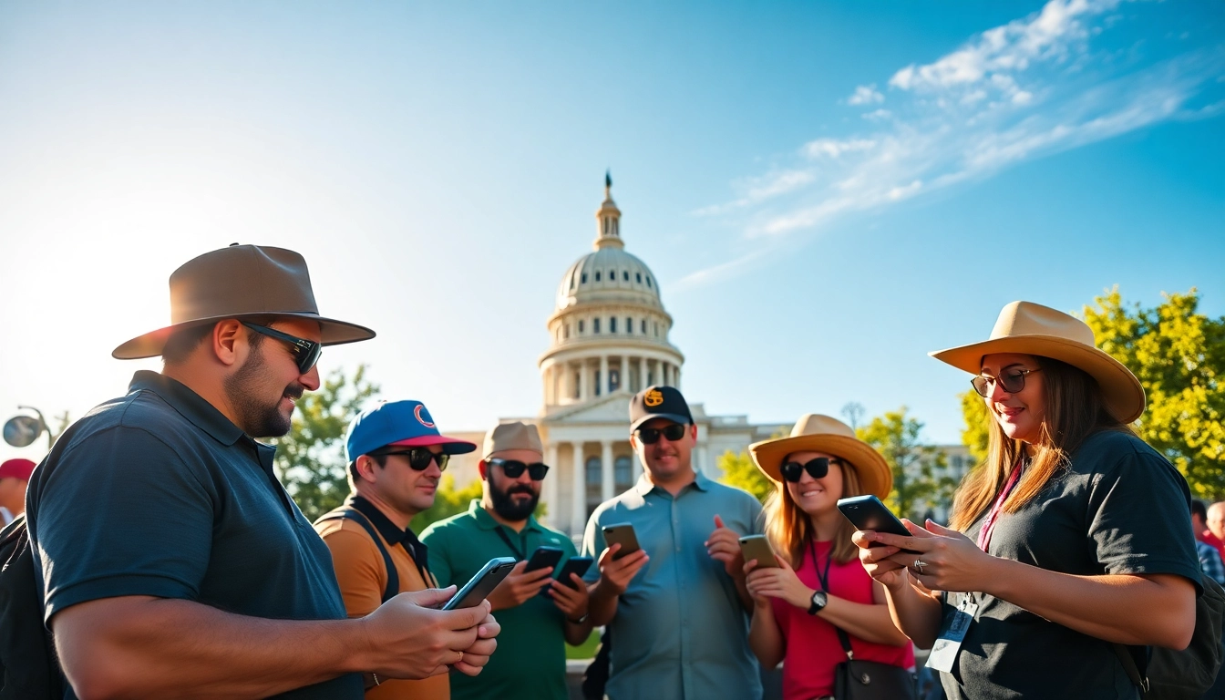Engaging sports betting in Texas scene showcasing fans analyzing information at iconic Texas landmarks.