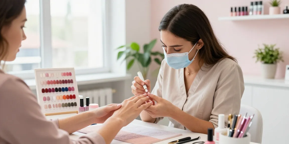 Aplicarea gel constructie unghii într-un salon luminos cu unelte profesionale și culori vibrante de ojă.