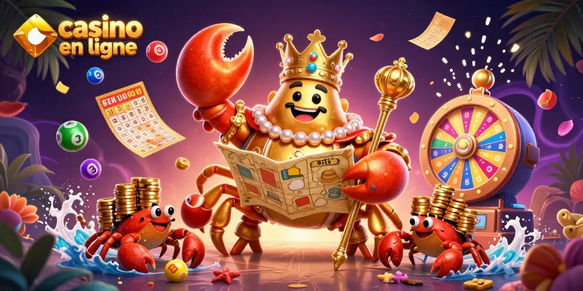 Gagnez avec le casino en ligne, un empereur crabe en 3D entouré de jeux et de lots vibrants.