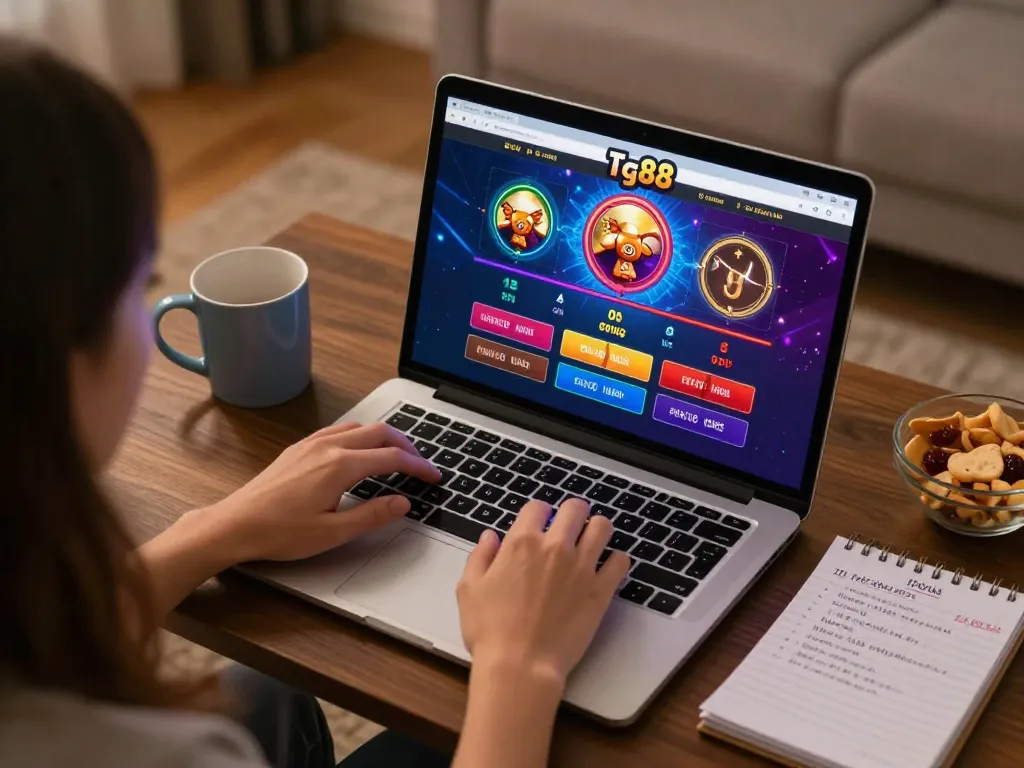 Engaged player exploring tg88 casino gaming options on laptop, comfortable home setting with snacks.