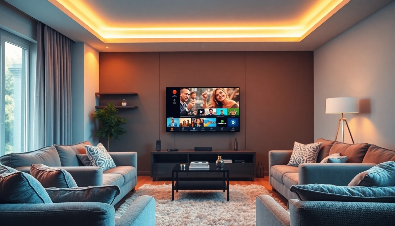 Watch IPTV in a cozy living room with a smart TV showcasing channels on screen.
