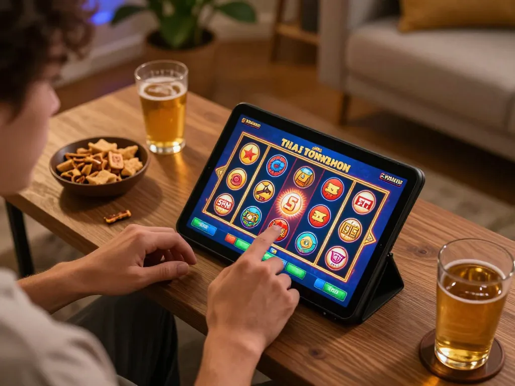 Player enjoying engaging Gajah Toto slot game on tablet at home, cozy environment with snacks.