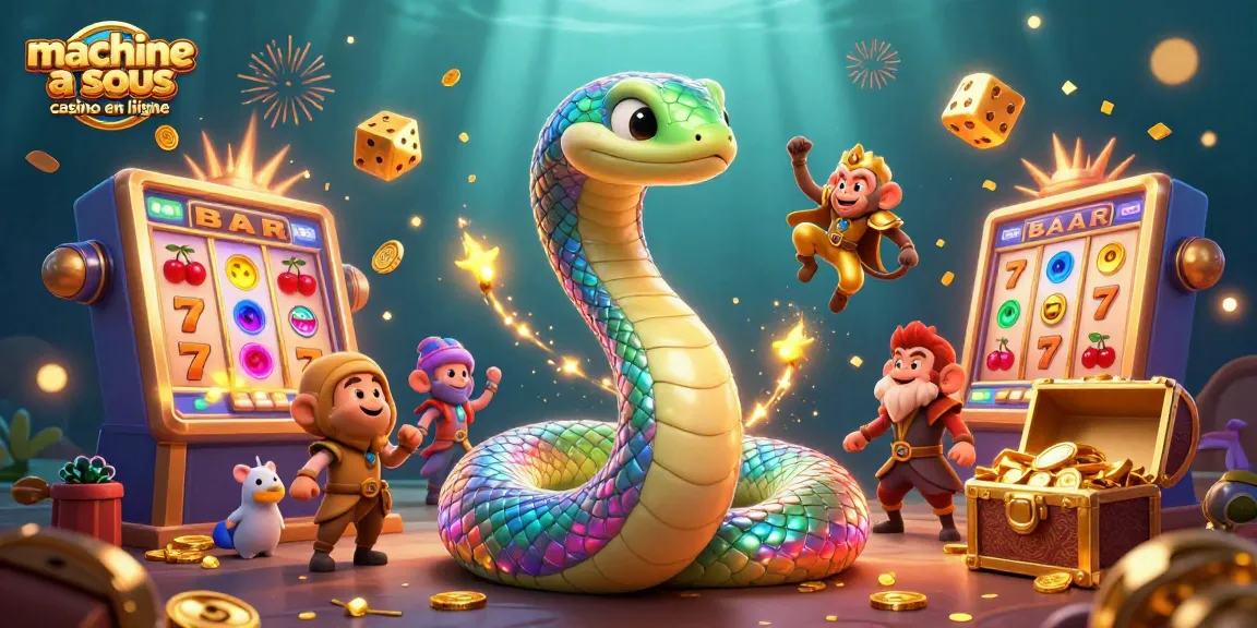 Profitez des machines à sous casino en ligne avec un serpent magique et un roi singe dans un environnement coloré.