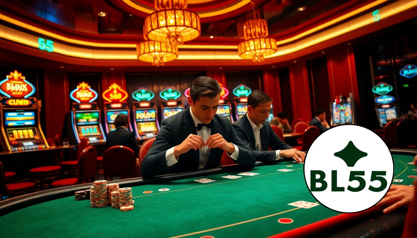 Engaging scene of gamblers at a Bl555 poker table amidst vibrant slot machines, showcasing excitement and luxury.