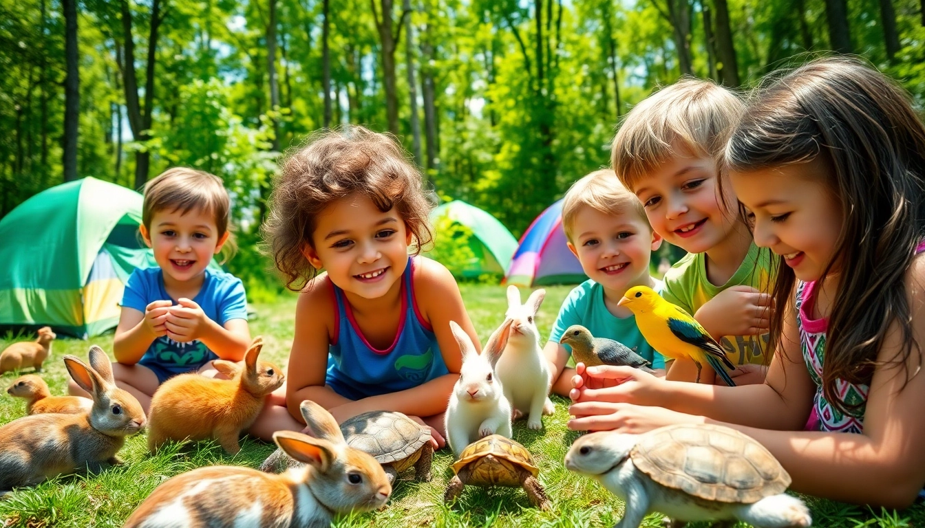 Engaged campers at an animal camp in Illinois caring for various animals in a lively setting.