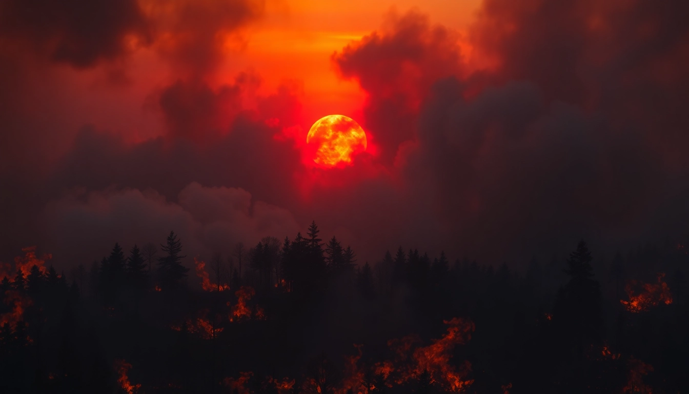 Illustration capturing wildfire events with flames and smoke engulfing a forest.