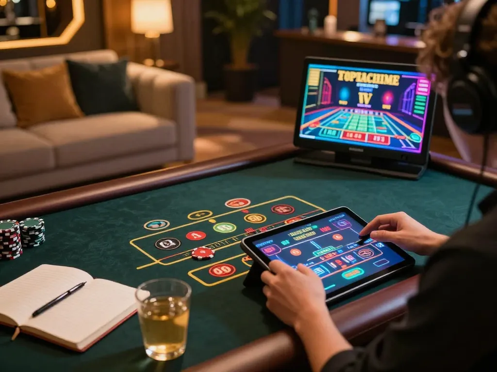 Player enjoying an immersive king33 online casino experience on a tablet, surrounded by a comfortable setup and vibrant graphics.