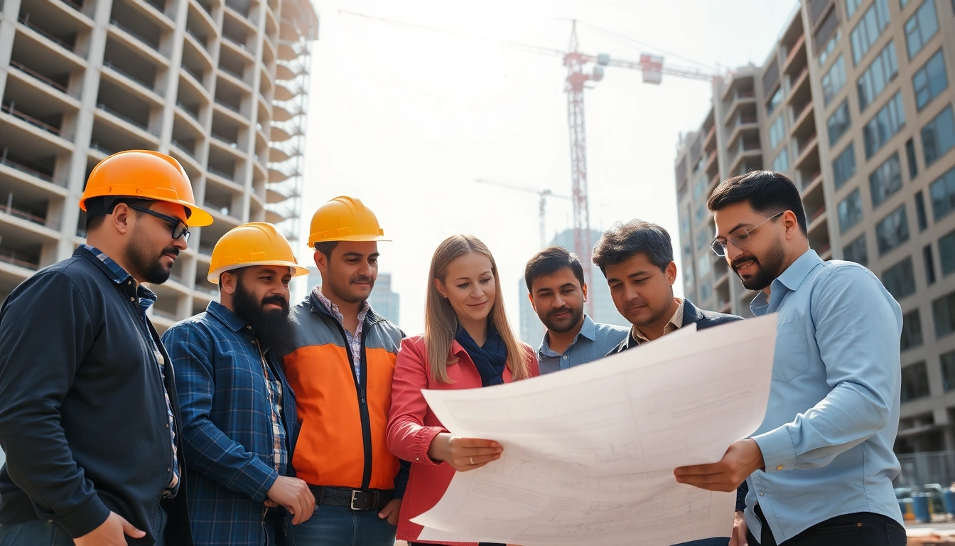 New York Commercial General Contractor team collaborating on construction blueprints.