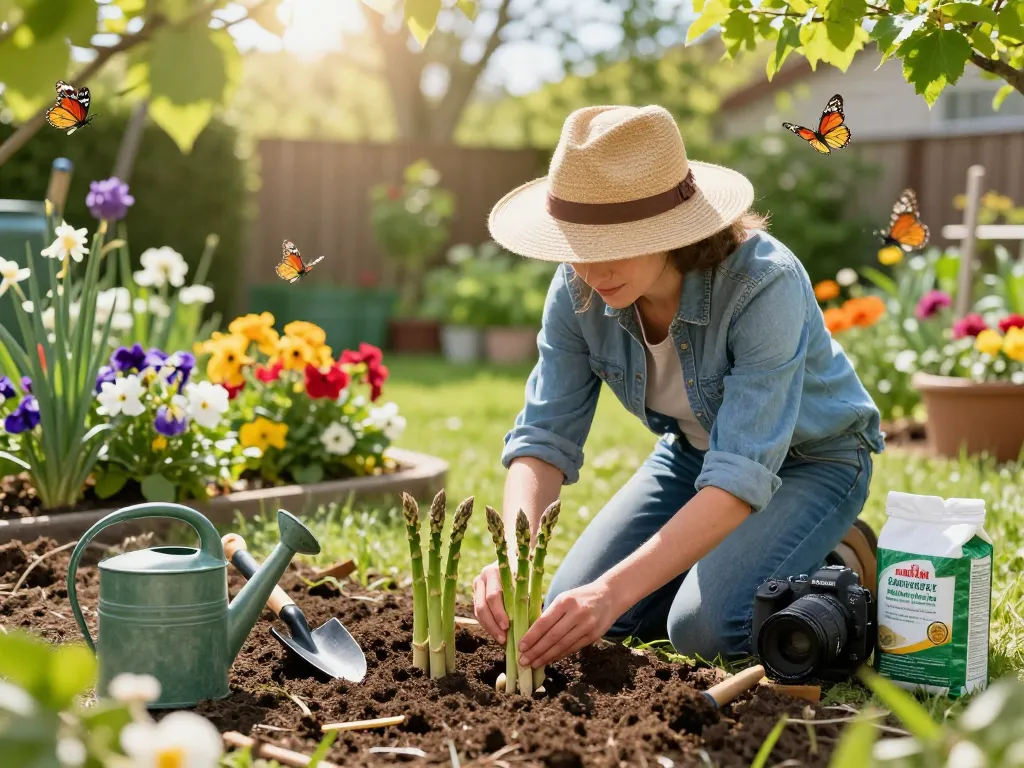 Gardener planting groene asperges planten in a vibrant spring garden filled with colorful flowers, showcasing the joy of home gardening.