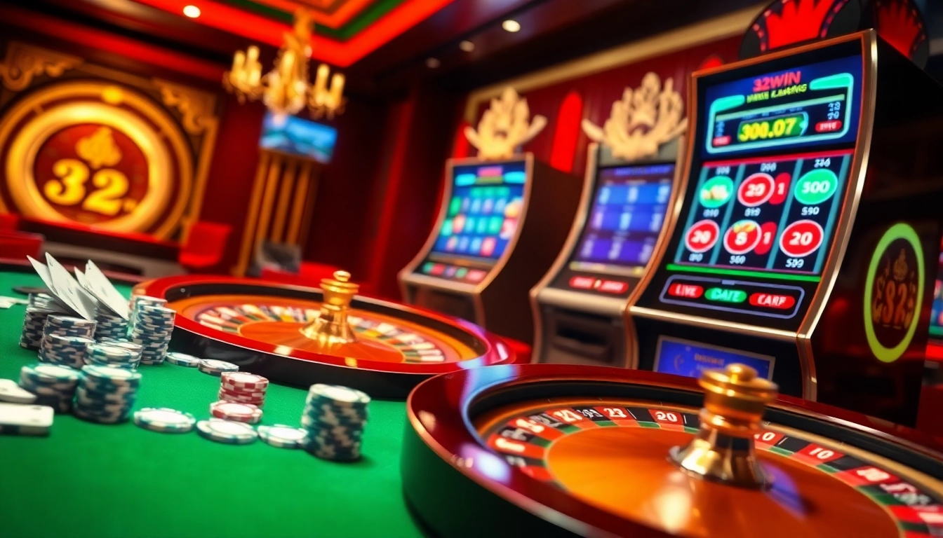 Experience the thrill of 32win with an immersive online casino scene featuring poker chips and a roulette wheel.