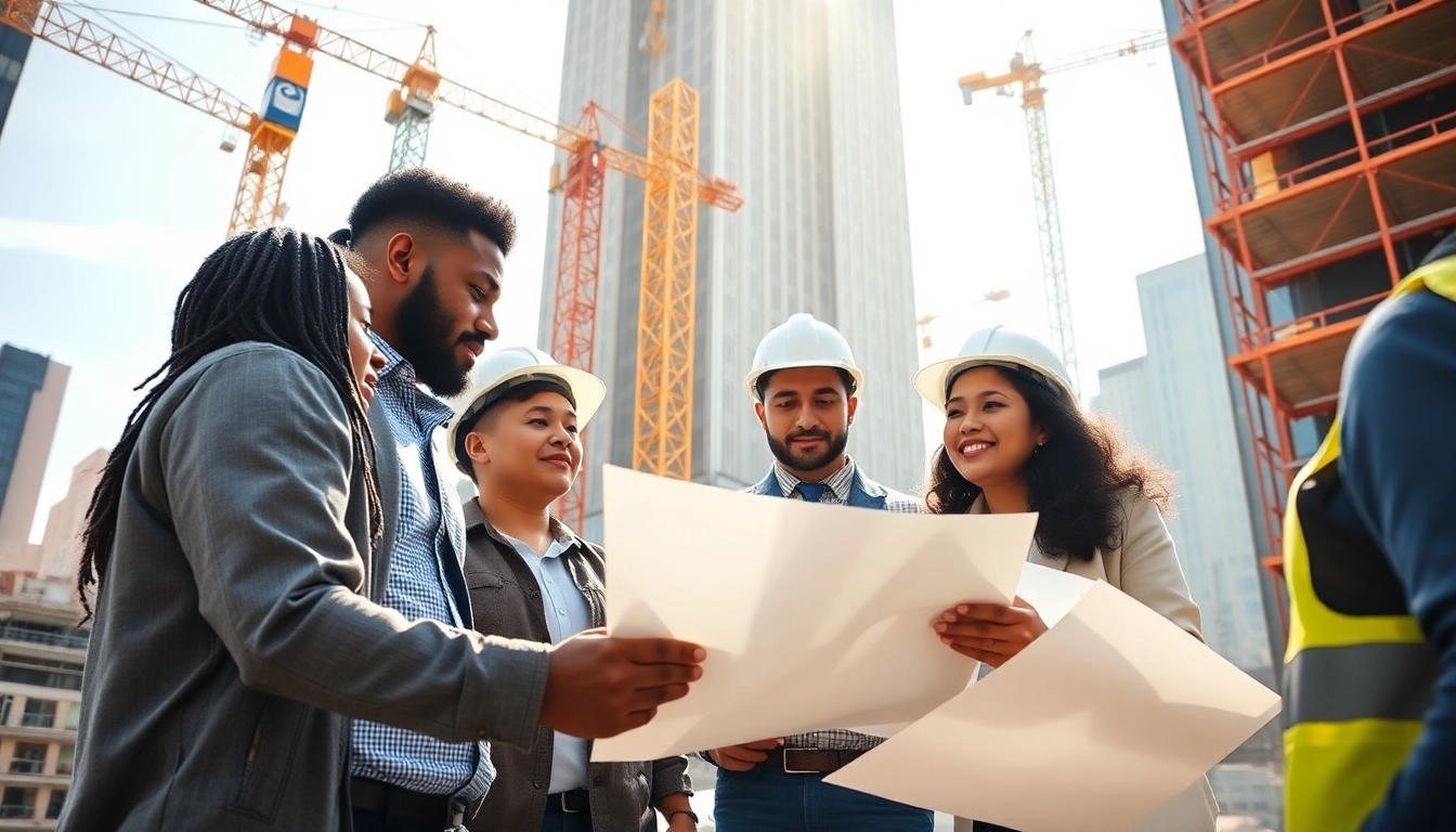 New York City Commercial General Contractor team onsite discussing project plans amidst bustling construction.